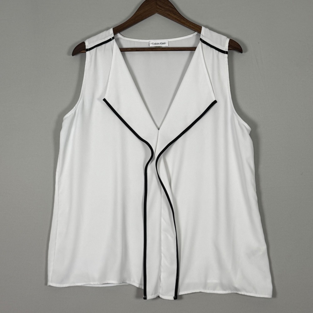 Calvin Klein Sleeveless Blouse Women XL White NWOT Black Trim Draped V-Neck